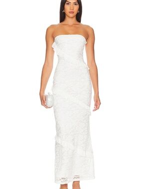 Strapless White Lace Column Dress with Ruffle Detail
